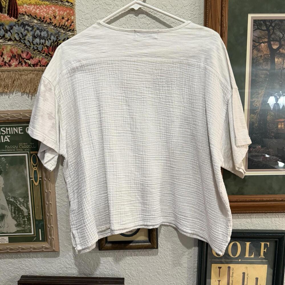 NWOT Fab'rik Tan and White Checked T-Shirt Women’s Designer Linen Blouse Small - Picture 5 of 7